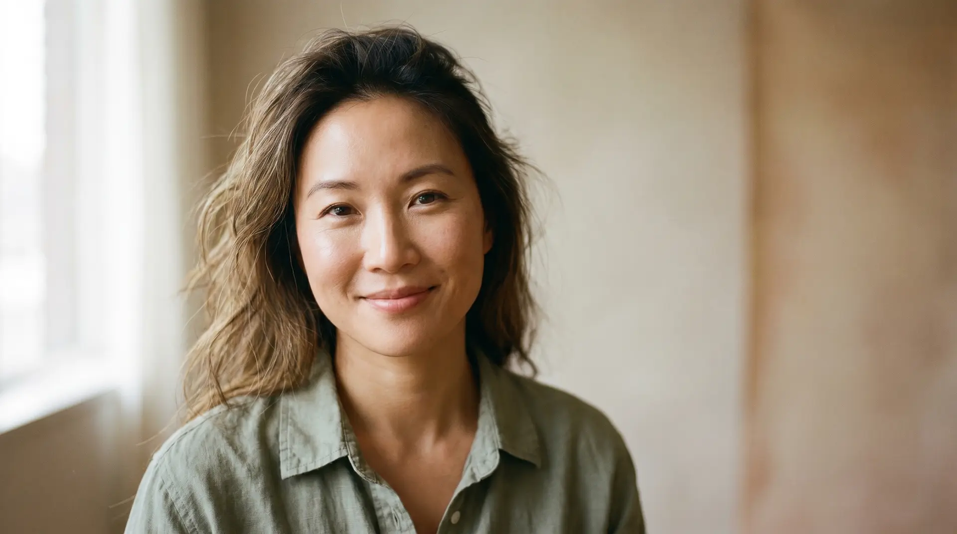 East Asian woman with smooth even-toned skin and a relaxed natural expression in soft diffused light