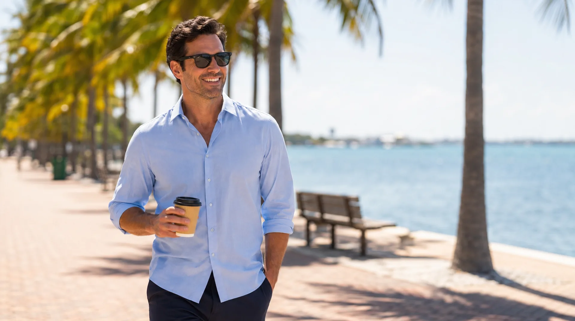 Man in a crisp light blue shirt walking a palm-lined Tampa waterfront with a coffee on a hot sunny morning