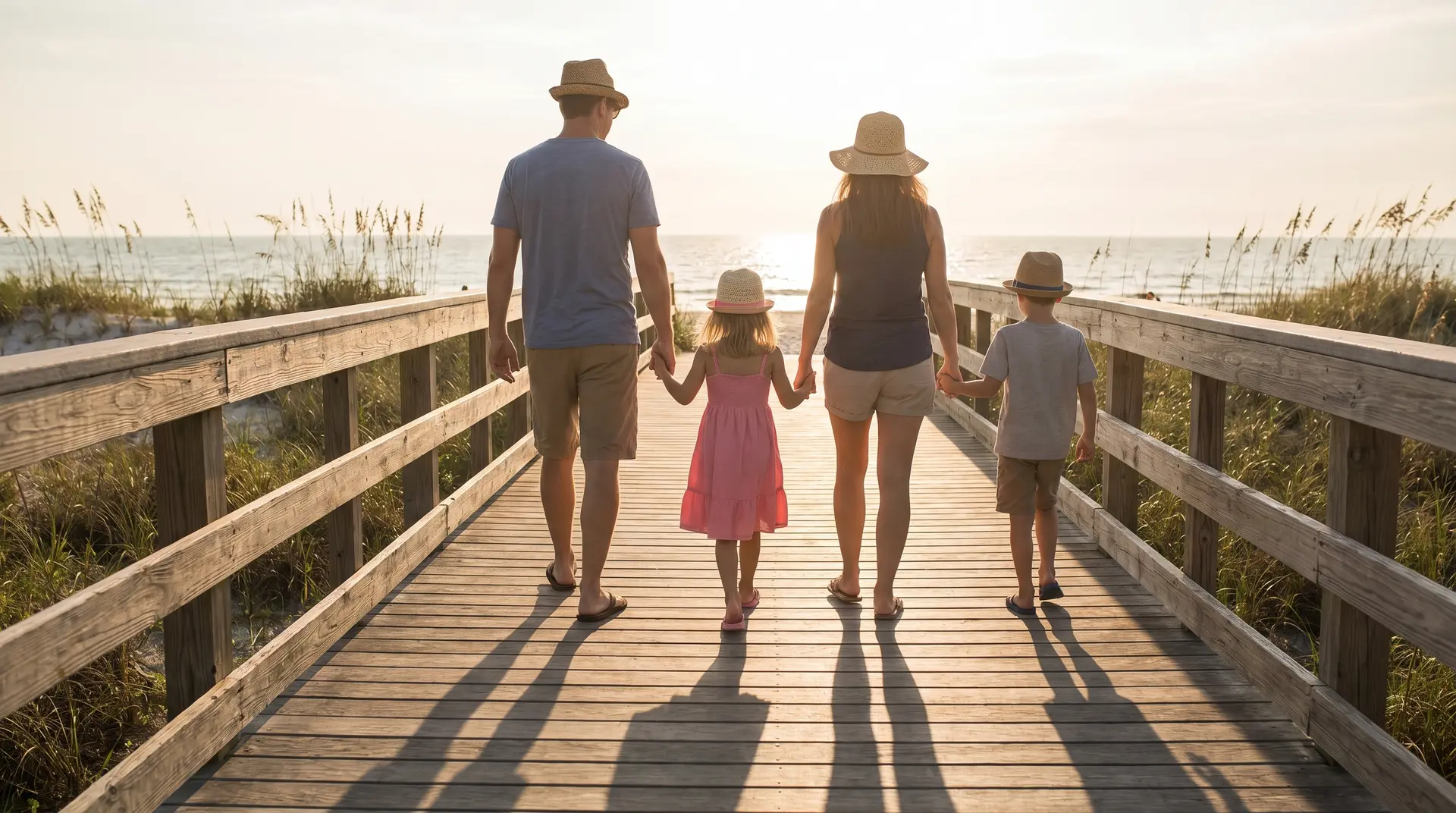 Family enjoying summer activities while protecting their skin with sunscreen and protective clothing