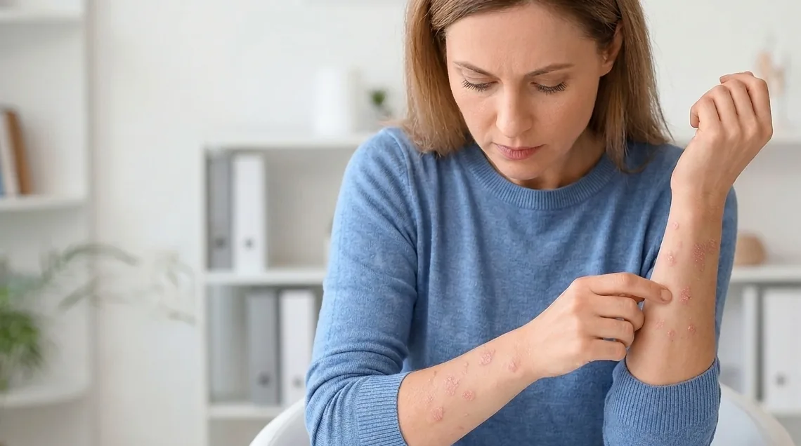 Woman examining an itchy, inflamed rash on her forearm before seeing a Tampa dermatologist
