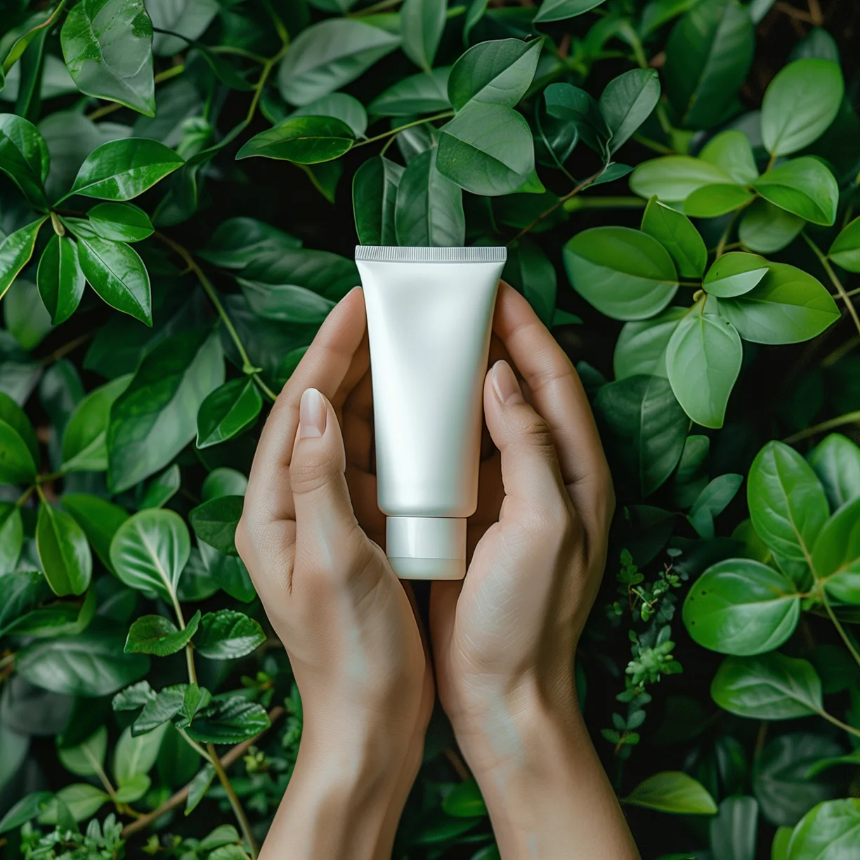 Hands applying moisturizing lotion