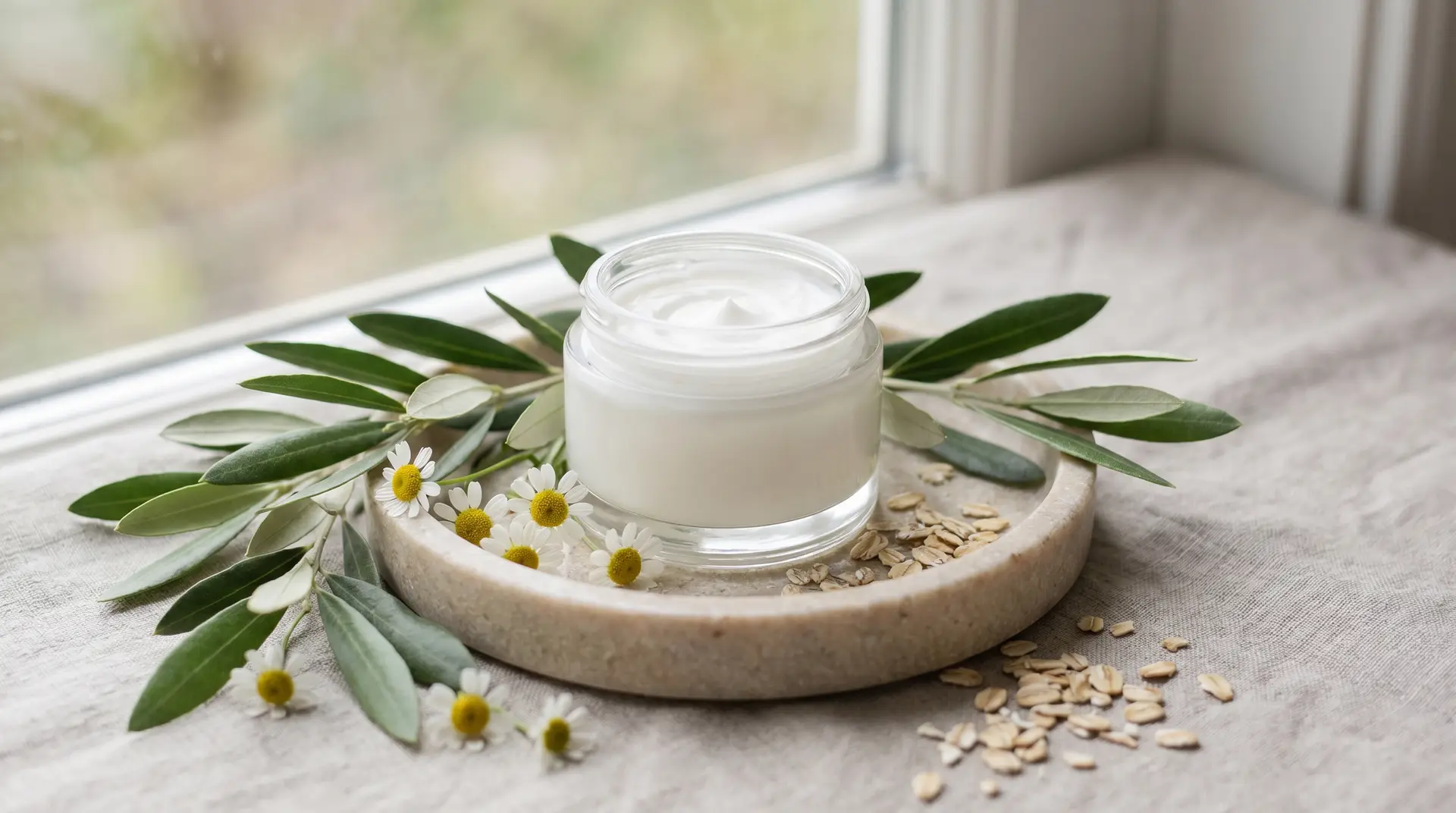 Open glass moisturizer jar surrounded by chamomile flowers oats and botanical ingredients