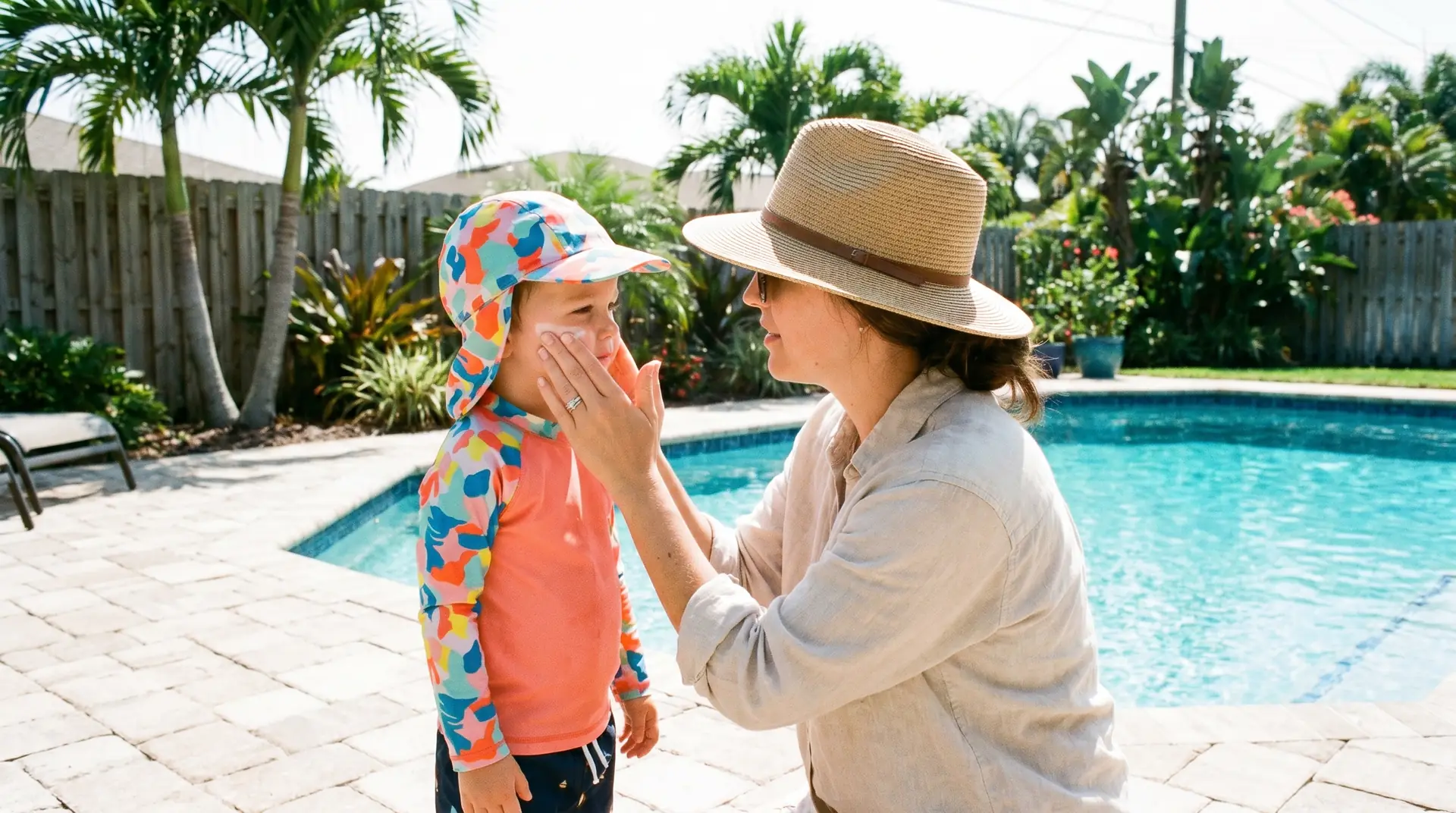 Parent applying sunscreen to child by a Florida pool, protecting young skin