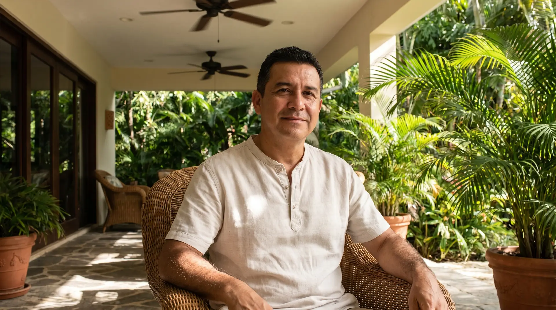 Man relaxing comfortably on a tropical Florida patio while managing psoriasis