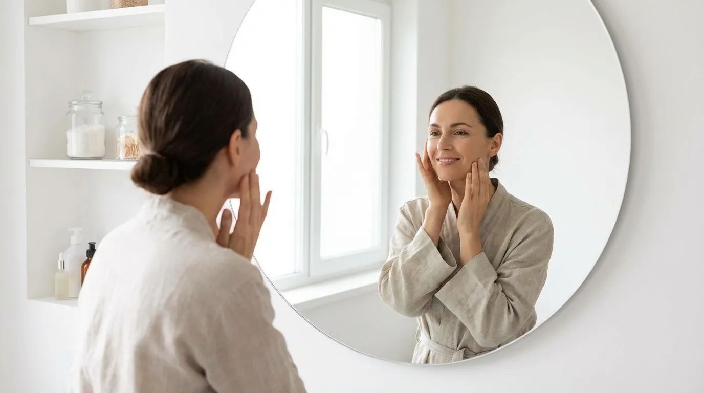 Woman examining skin in mirror during rosacea skincare routine