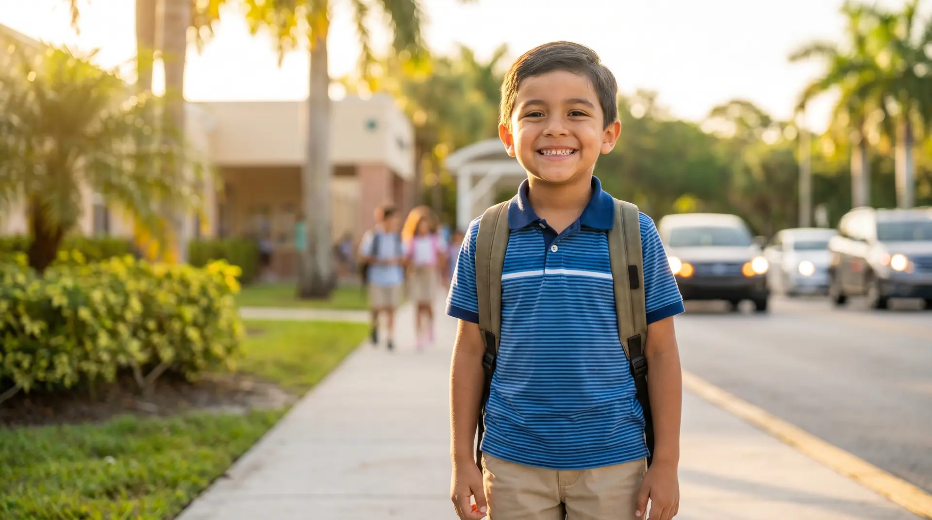 Smiling Hispanic boy with backpack ready for school in sunny Florida morning