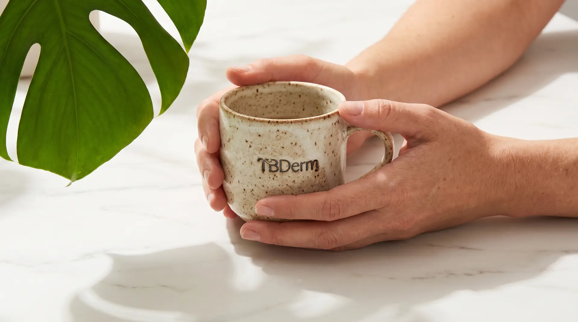 Hands cradling a TBDerm branded coffee cup on a white marble counter with a monstera leaf