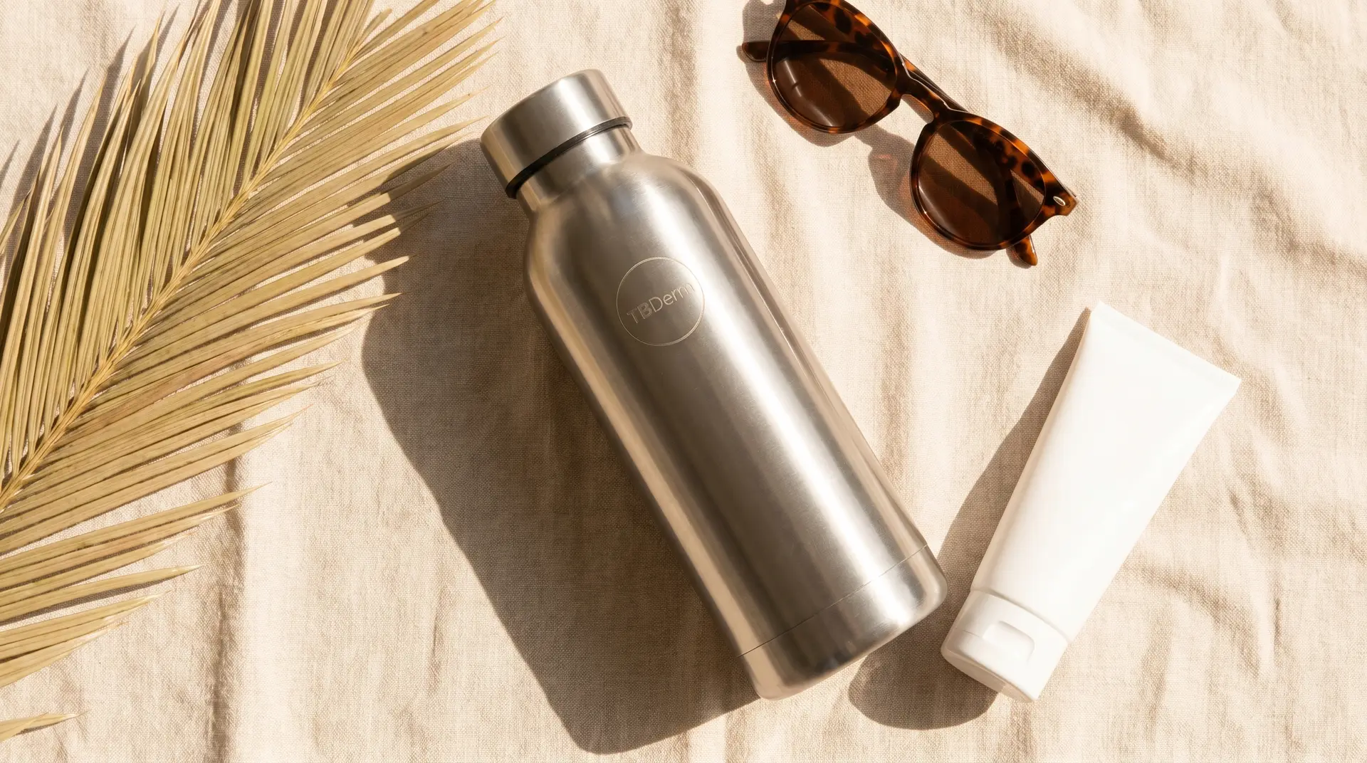 TBDerm branded water bottle with sunglasses and sunscreen on a linen background in bright sunlight
