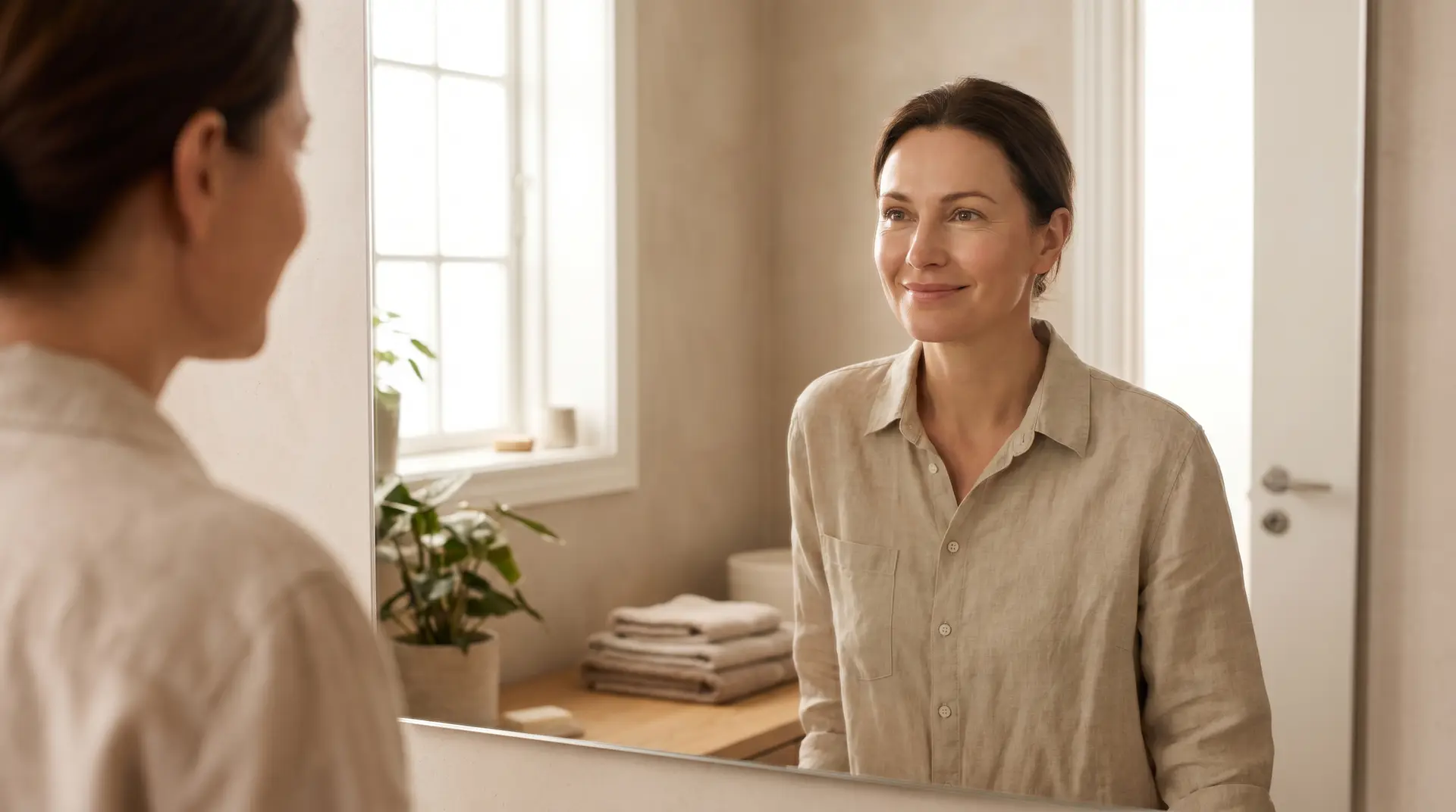 Woman in her 40s admiring her smooth healthy skin in a bathroom mirror after cosmetic treatment