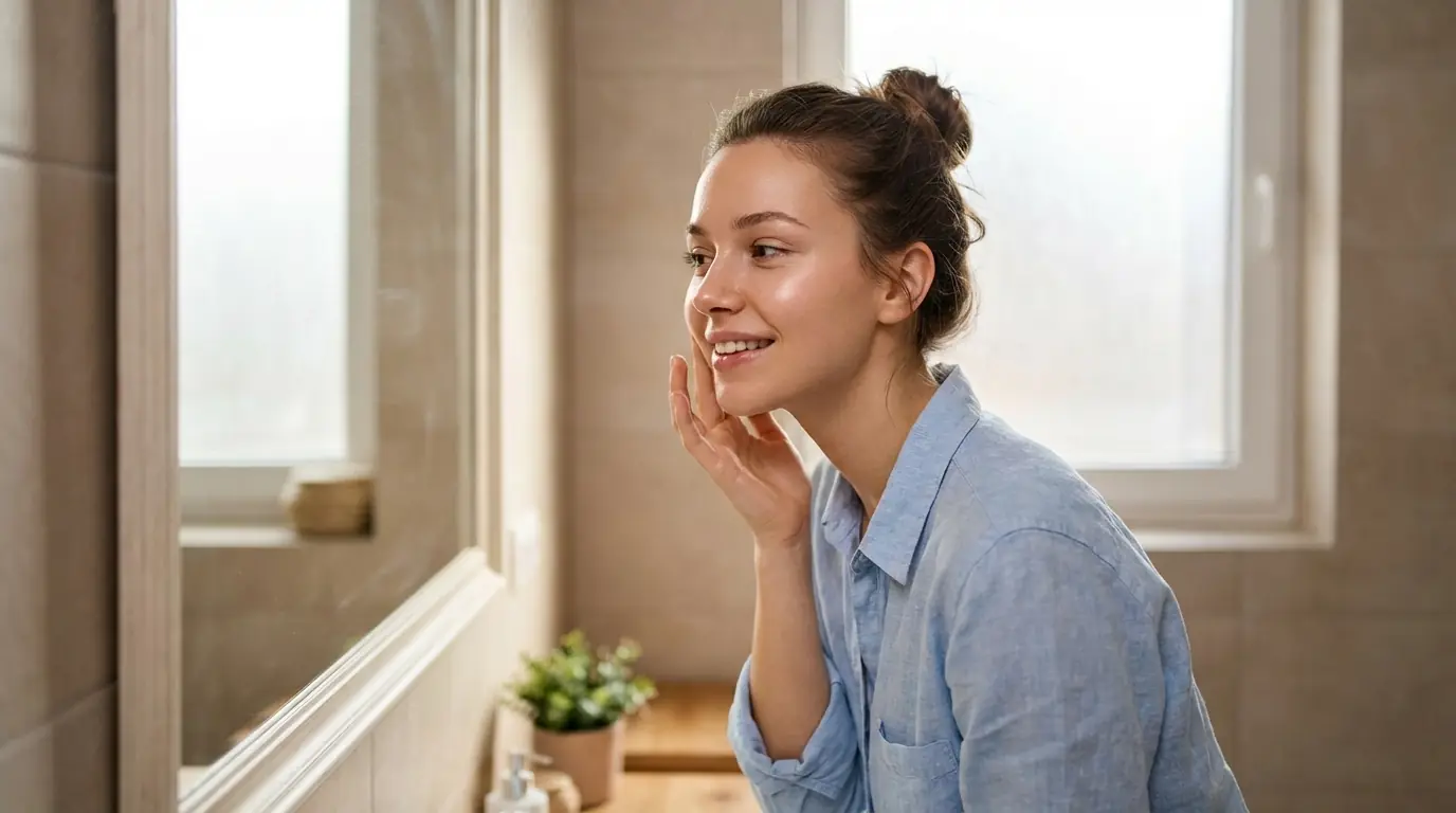 Woman examining her smooth, refreshed skin in the mirror after a chemical peel treatment